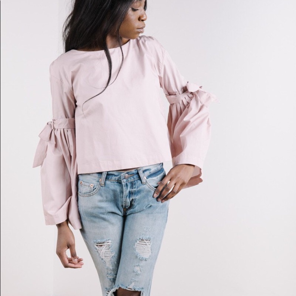 Free People Dusty Pink Bell Sleeve Tie Blouse - Picture 5 of 6